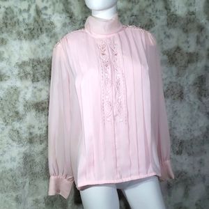 Vintage Pleated Embroidered High Neck Long Sleeve Pink Polyester Blouse Sz 10